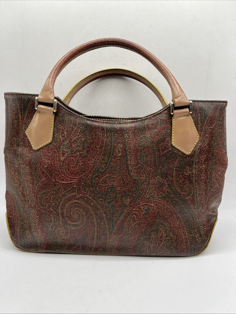 ETRO Paisley Canvas Leather Trim Satchel Handbag Vintage Brown Burgundy Italy
